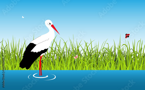 Cartoon vector landscape with stork and lake