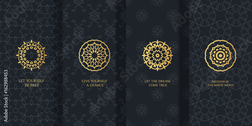 Collection of black backgrounds and golden geometric elements. Set of labels, icons, logos and seamless patterns. Templates with luxury foil for packaging
