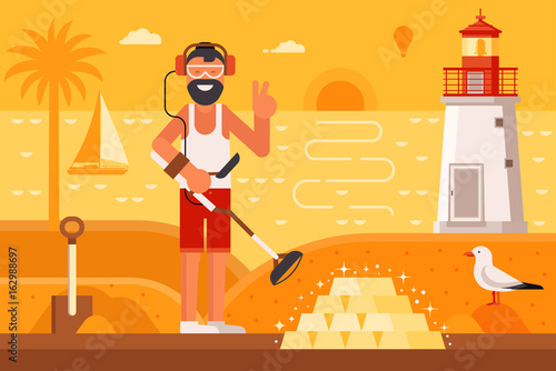 Beach treasure hunter using metal detector on seashore background.  Success and winning new possibilities concept. Smiling beard summer man finding gold bars on sea coast with lighthouse by sunset.