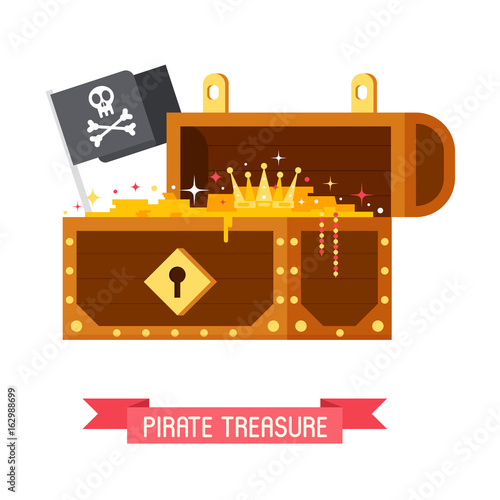 Opened pirate treasure chest with Jolly Roger flag with skull and crossbones. Gold box full of coins vector illustration.