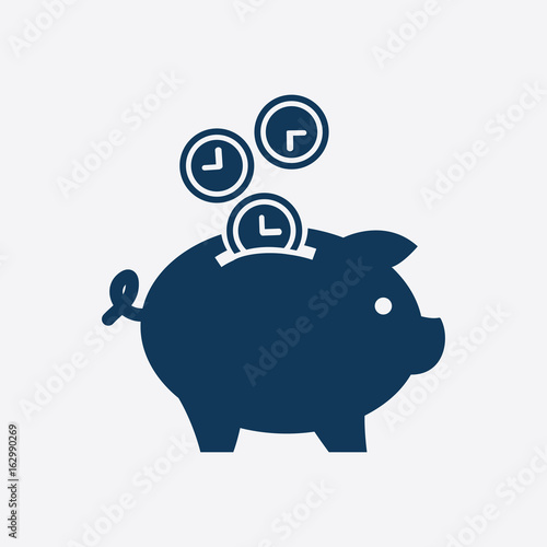 Time is money piggy bank icon. Flat design style.