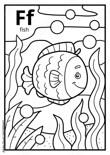Coloring book, colorless alphabet. Letter F, fish