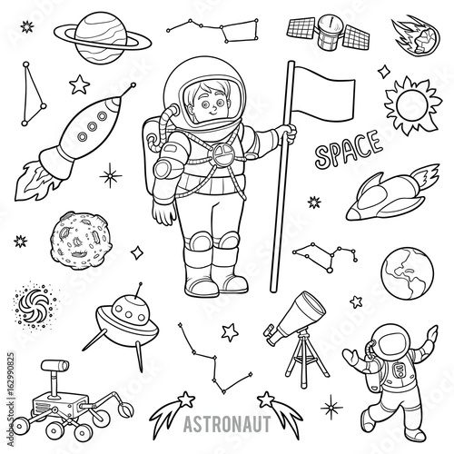 Vector set with astronaut and space objects. Black and white items