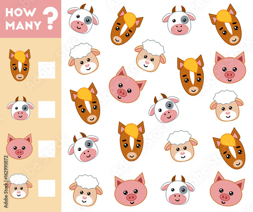 Counting Game for Preschool Children. Count how many farm animals and write the result!