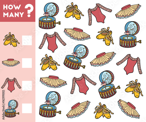 Counting Game for Preschool Children. Count how many objects for a ballet and write the result!