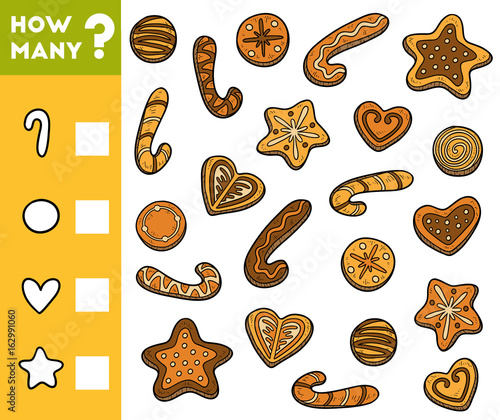 Counting Game for Preschool Children. Count how many cookies and write the result!