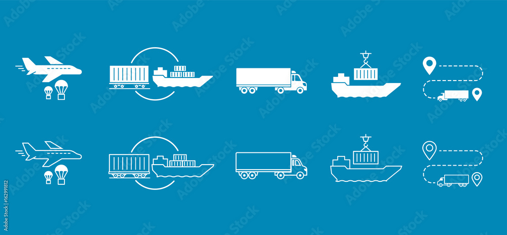 Set of icons Transported Shipping delivery transportation. Set of icons Transported Shipping delivery transportation.