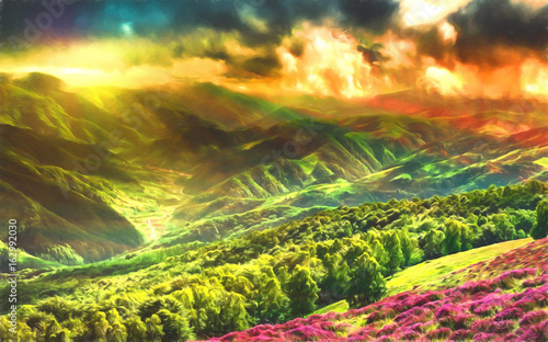 God rays over the mountains. Modern oil painting illustration art