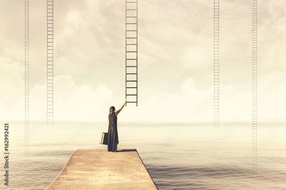 Surreal moment of a woman who has to choose which imaginary scale to climb to the sky - obrazy, fototapety, plakaty 