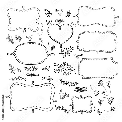 Vector illustration. Set of doodle frames. Floral decoration with birds