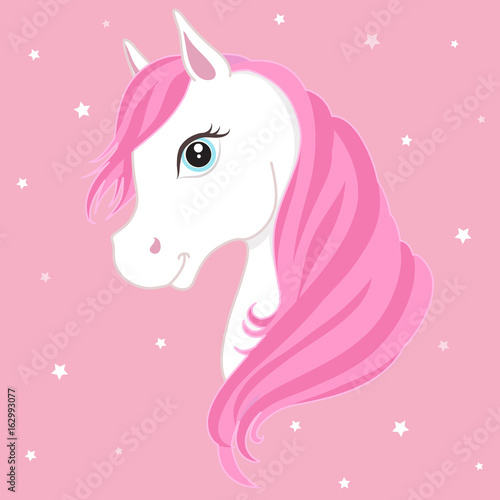 White pony head with pink mane. White horse.