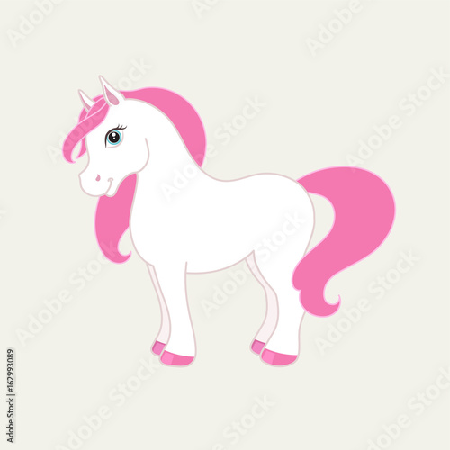 White vector pony with pink mane. T-shirt print illustration for children with horse.