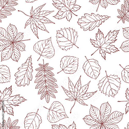 Pretty seamless pattern made of different types of tree leaves.