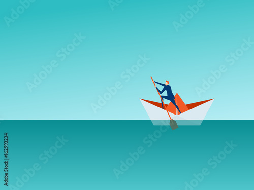 Solution management business concept. Businessman rowing a paper boat on the sea looking for success, opportunities, future business trends.