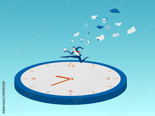Businessman holding computer notebook running on business time with icons. Time pressure, stress, overworked and deadline concept.