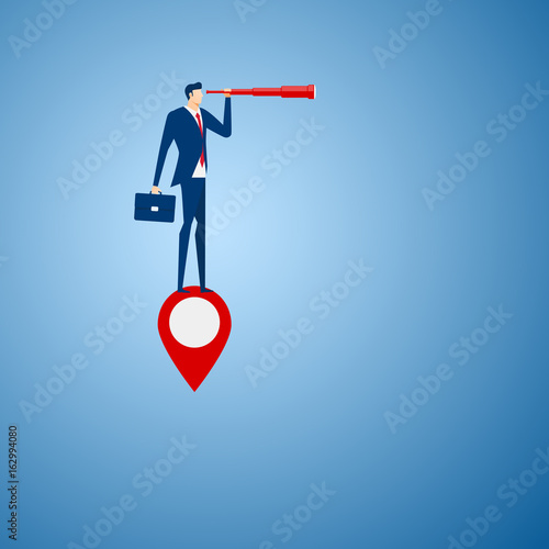 Businessman stand on map pointer using telescope looking for success, opportunities, future business trends. Vision concept.
