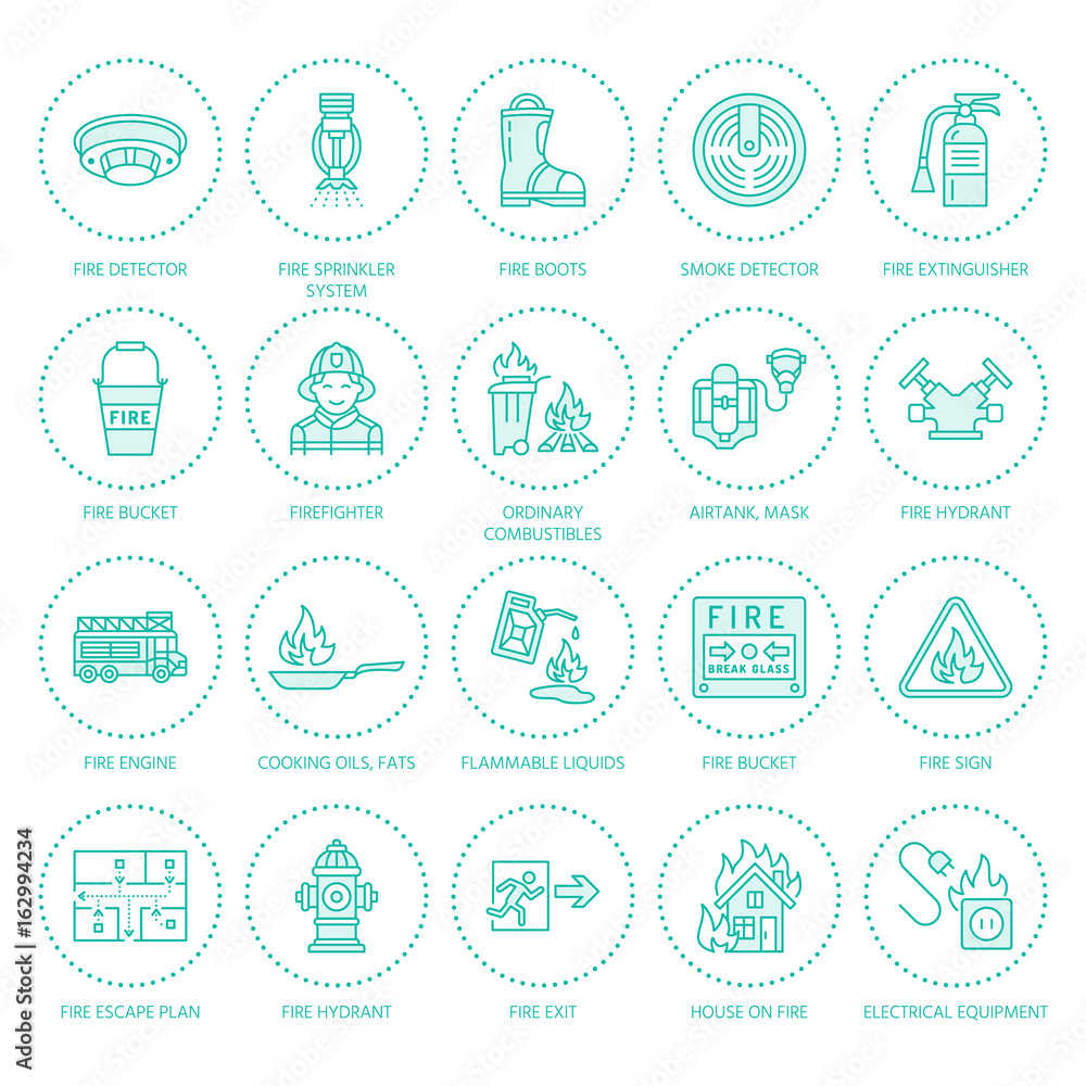 Obraz premium Firefighting, fire safety equipment flat line icons. Firefighter, fire engine extinguisher, smoke detector, house, danger signs, firehose. Flame protection colored thin linear pictogram.