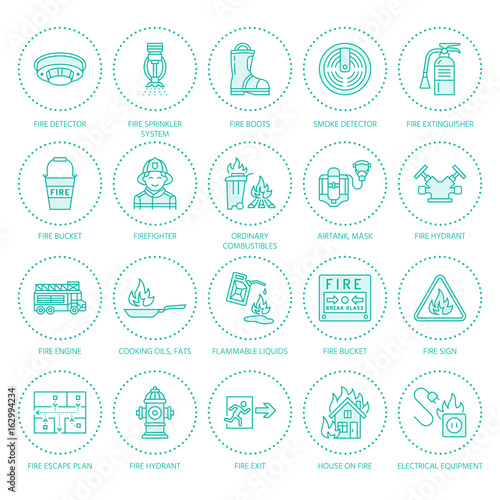 Firefighting, fire safety equipment flat line icons. Firefighter, fire engine extinguisher, smoke detector, house, danger signs, firehose. Flame protection colored thin linear pictogram.