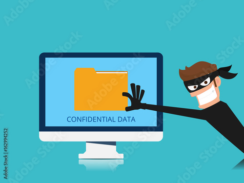 Thief. Hacker stealing confidential data document folder from computer useful for anti phishing and internet viruses campaigns. concept hacking internet social network.