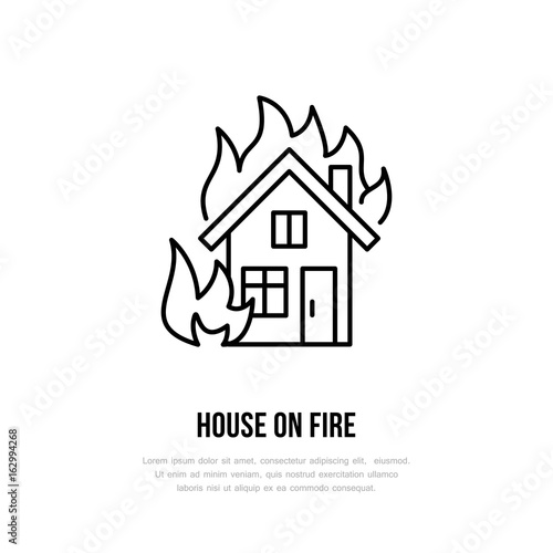 House on fire flat line sign for insurance service. Flame protection thin linear icon, pictogram. Black isolated on white background.