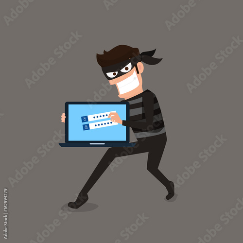 Thief. Hacker stealing sensitive data as passwords from a personal computer useful for anti phishing and internet viruses campaigns. concept hacking internet social network