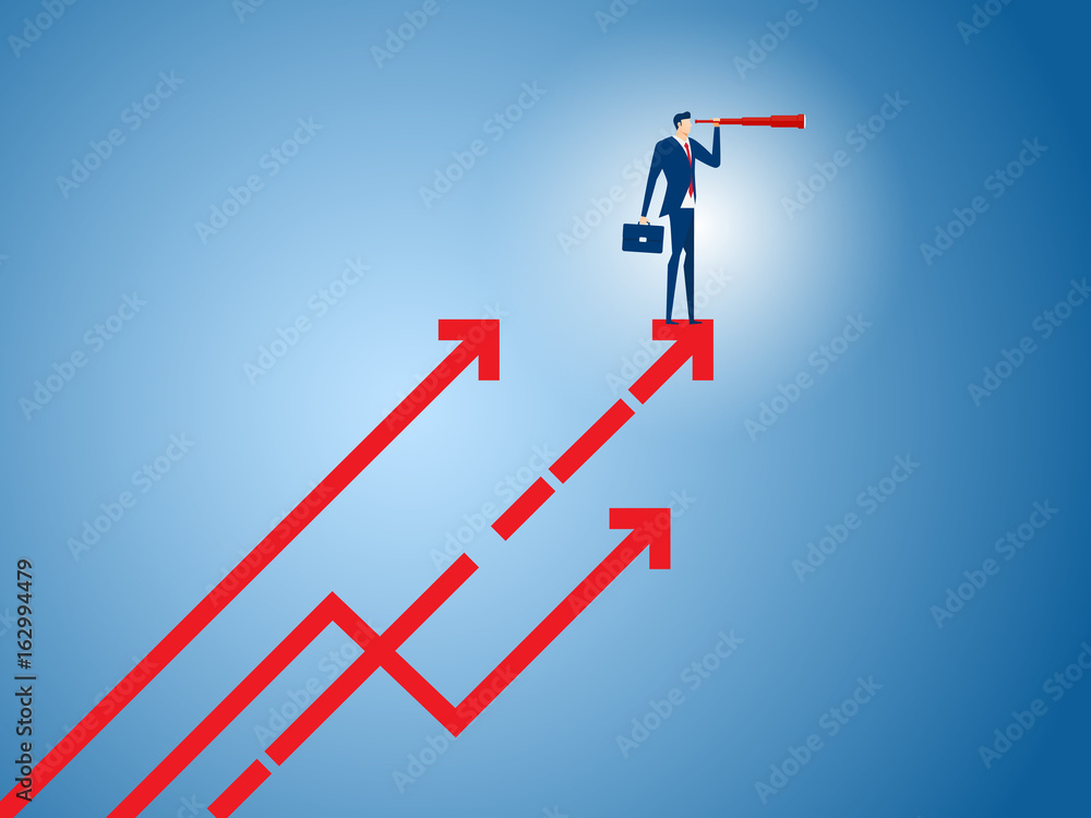 Businessman stand on arrow growth graph using telescope looking for success, opportunities, future business trends. Vision concept Businessman stand on arrow growth graph using telescope looking for success, opportunities, future business trends. Vision concept