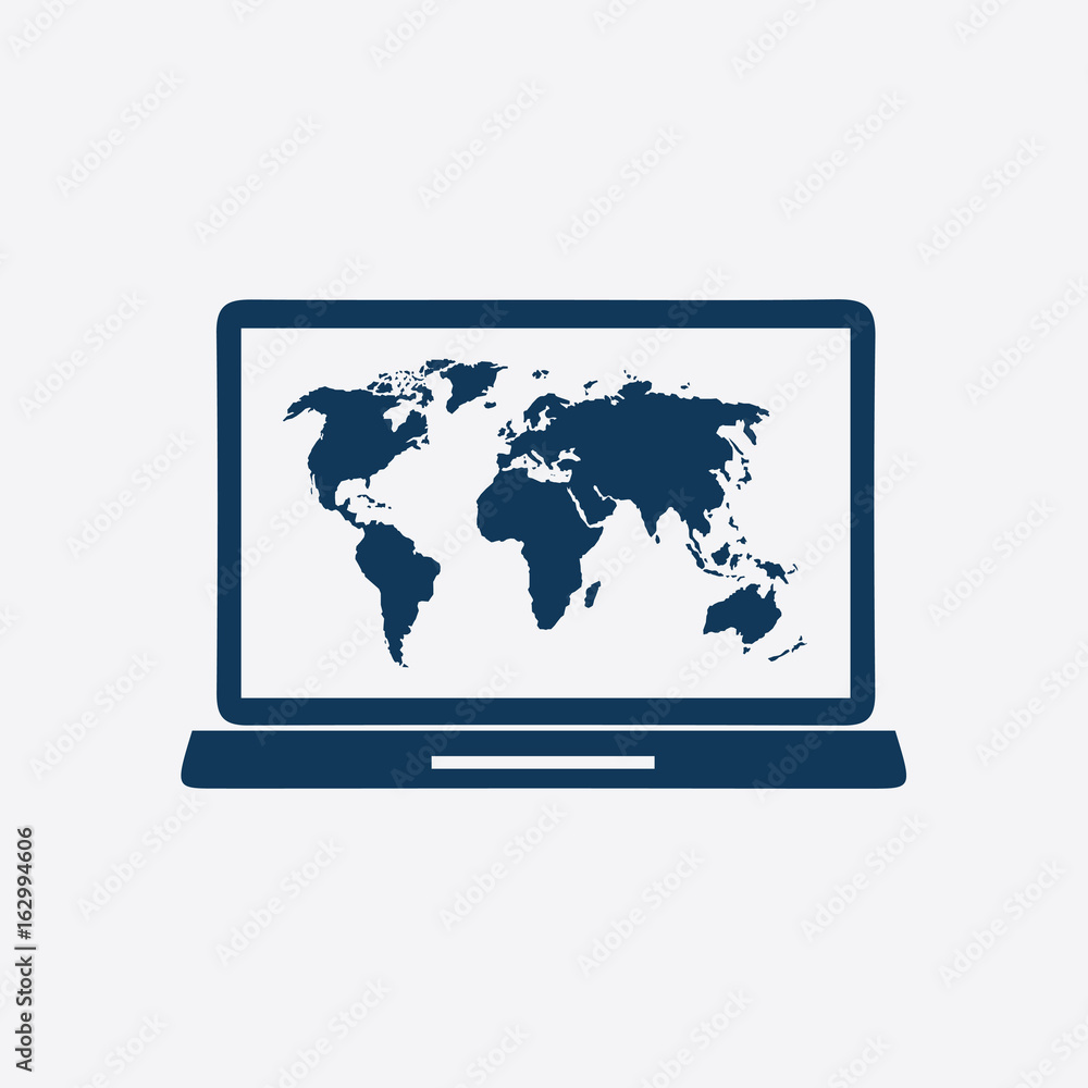 Laptop and world map illustration. World map geography symbol. Flat design style. Laptop and world map illustration. World map geography symbol. Flat design style.