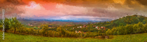 The village. Valea Plopului village, Prahova county, Romania. Modern oil painting illustration art 