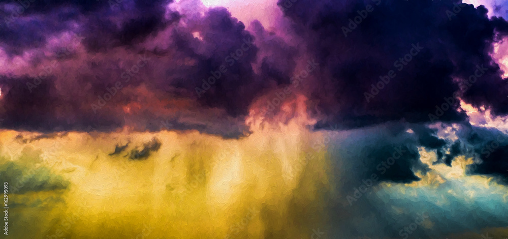 Thunder storm with havy rain. Modern oil painting illustration art
