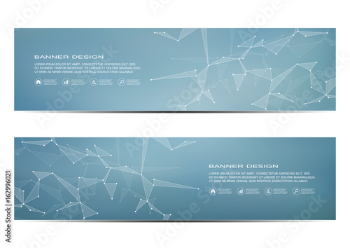 Technological and scientific banners with structure of molecular particles and atom. Polygonal abstract background. Vector illustration.