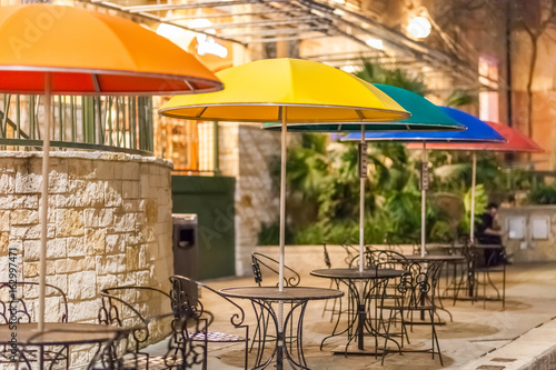 colorful umbrellas at outdoor cafe