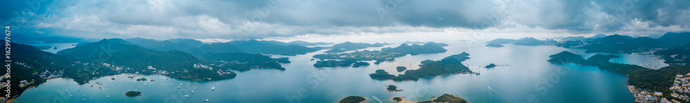 Naklejka premium Panoramic aerial view of Sai Kung, Hong Kong. photos taken by DJI Mavic Pro