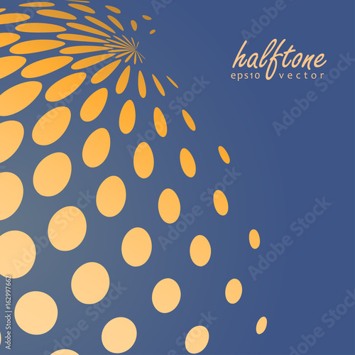 Abstract halftone sphere in orange color on complement color background