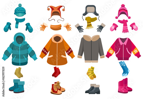 Winter clothes and cold weather accessories isolated on white background. Vector knitted hats and scarves, mittens and woolen socks