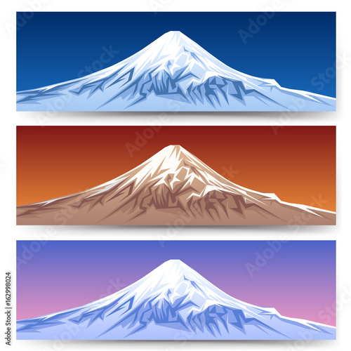 Snow capped mount fuji banners. Japan mountain panoramic landscape set for tourism designs vector illustration