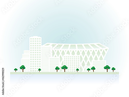 Fototapeta Naklejka Na Ścianę i Meble -  Graphical urban cityscape with soccer stadium. Vector illustration