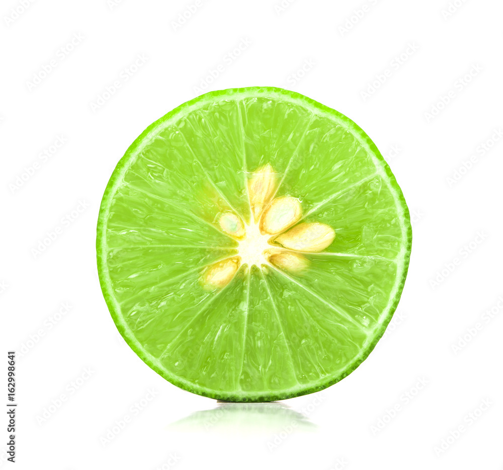 the fresh sliced lime with seed on white background the fresh sliced lime with seed on white background