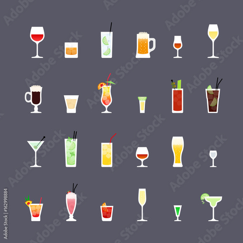Alcoholic drinks and cocktails, flat icons set