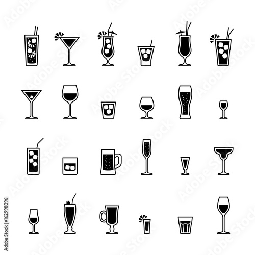 Alcoholic drinks and cocktails, black and white icons set