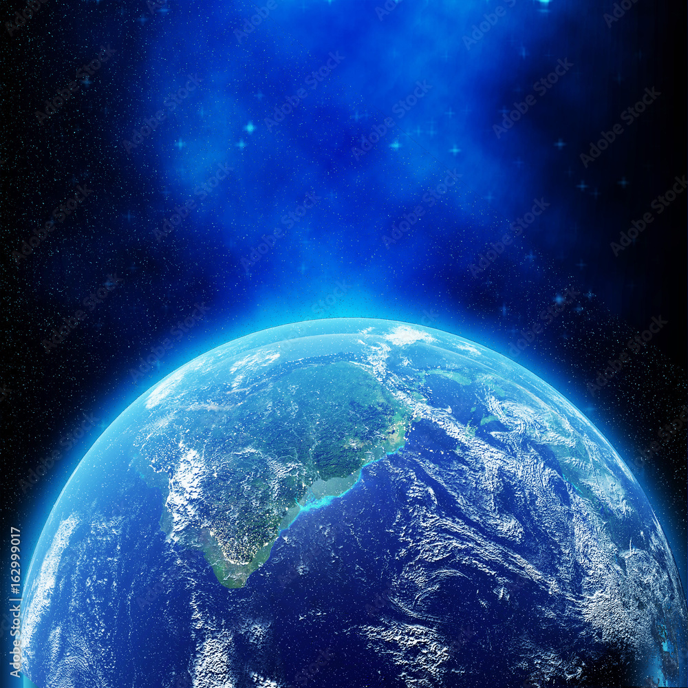 Fototapeta View of planet earth from space with light effect in 3D rendering. Elements of this image furnished by NASA
