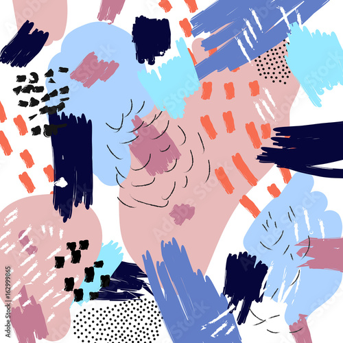 Vector abstract artistic background. Memphis style collage. Freehand paintbru...