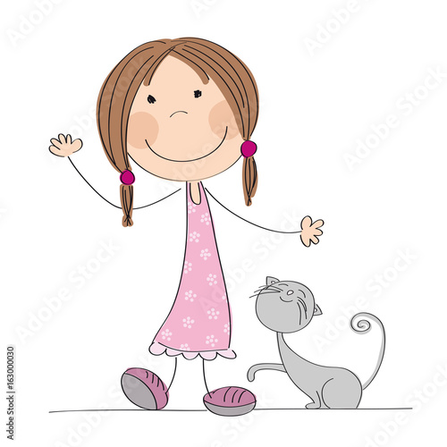 Happy little girl with her grey cat - original hand drawn illustration