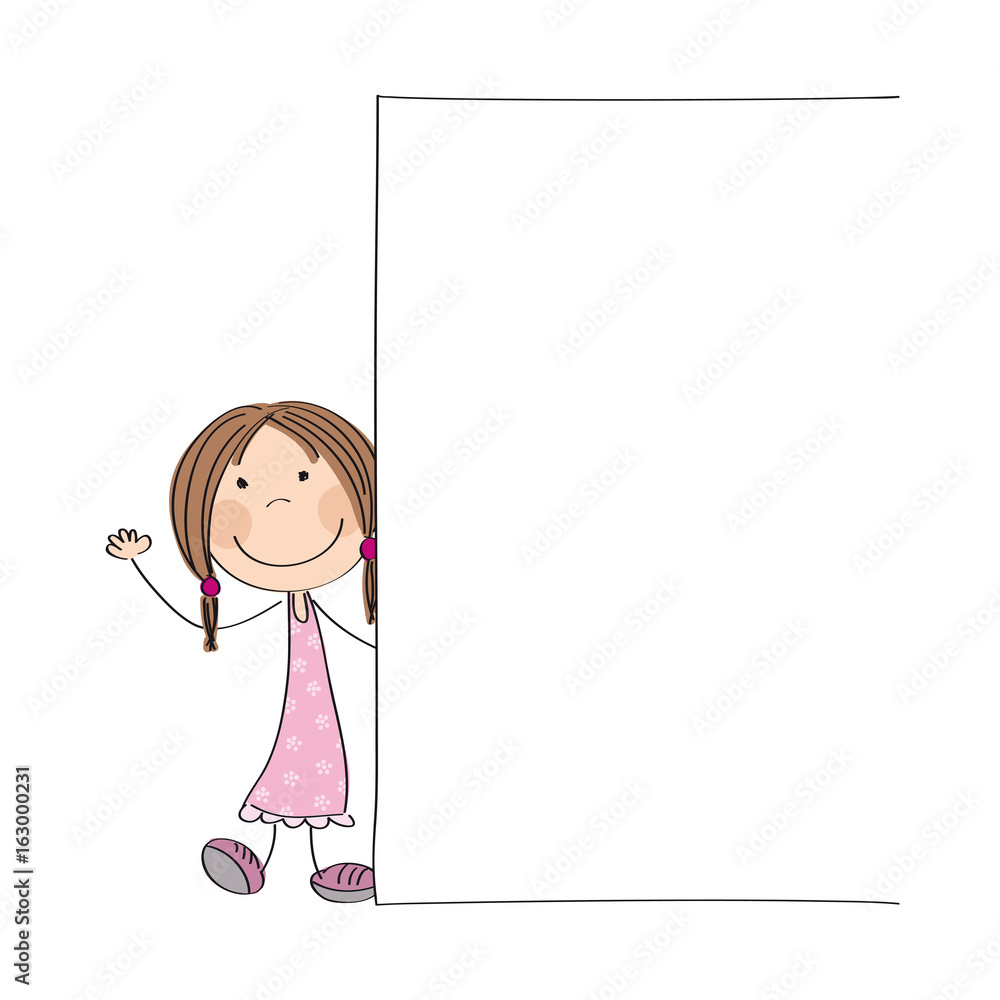 Happy little girl standing behind blank banner / board - space for your text on white background - original hand drawn illustration Happy little girl standing behind blank banner / board - space for your text on white background - original hand drawn illustration