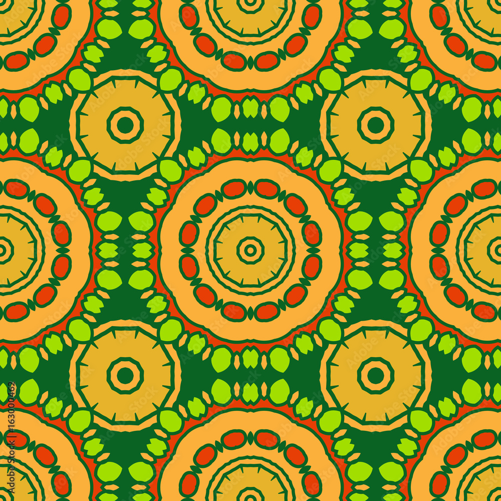 Seamless pattern design. Mandala round elements. Ethnic colorful background. For textile, print, carpet, wallpaper, package.