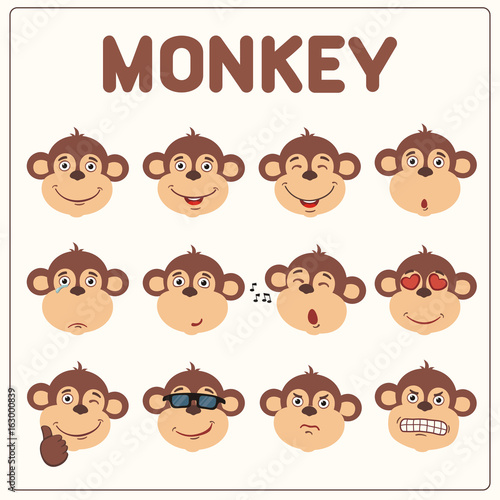Emoticons set face of monkey in cartoon style. Collection isolated funny muzzle monkey with different emotion.