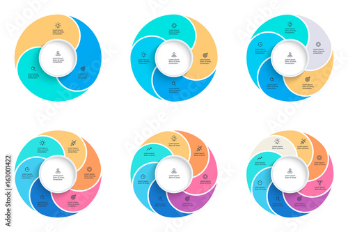 Business infographics. Pie charts with 3, 4, 5, 6, 7, 8 steps, options. Vector infographic templates.