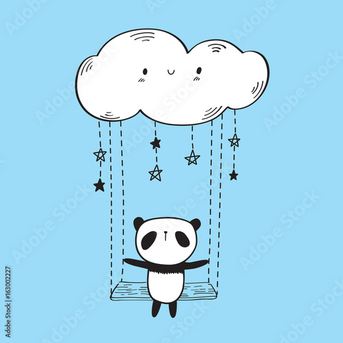 Fototapeta Naklejka Na Ścianę i Meble -  Greeting card with cute panda on the swing. Hand drawn illustration for your design. Blue background. Vector.