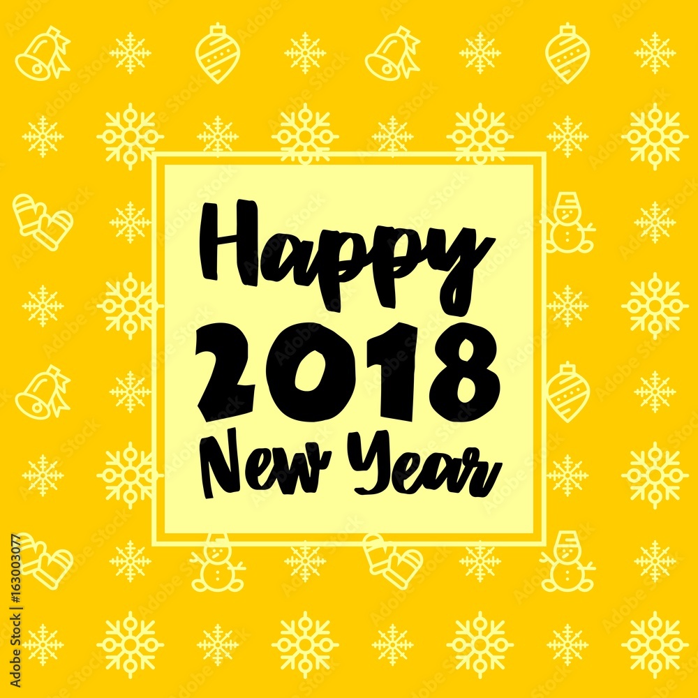 New Year 2018 icon set pattern. New Year and winter holidays flat vector icons yellow and black background