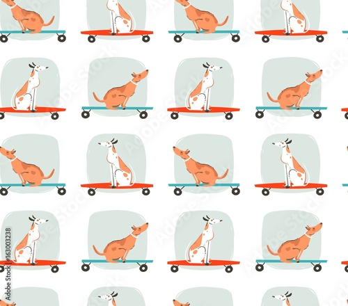 Hand drawn vector cartoon drawing summer time fun seamless pattern illustration with riding dogs on skateboards and long boards isolated on white background