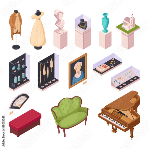 Museum Exhibition Isometric Icons Set